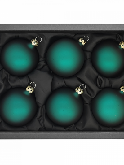 6er Set Christbaumkugeln mit 6cm Durchmesser in Petrol matt in einem schwarzen Naturkarton