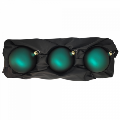 3er Set Christbaumkugeln mit 8cm Durchmesser in Petrol matt auf schwarzem Seidentuch