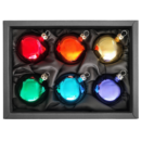 6cm Christbaumkugeln aus Glas in den 6 verschiedenen Regenbogenfarben rot, orange, gelb, grün, blau und lila in einem schwarzen Naturkarton