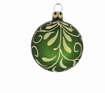 6cm Christbaumkugel aus Glas in einem matten Moosgrün und einem Rankendesign