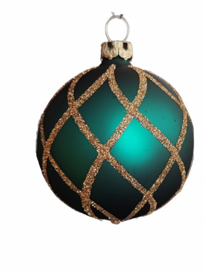 8cm große Christbaumkugel in mattem petrol mit goldenem Rautennetz